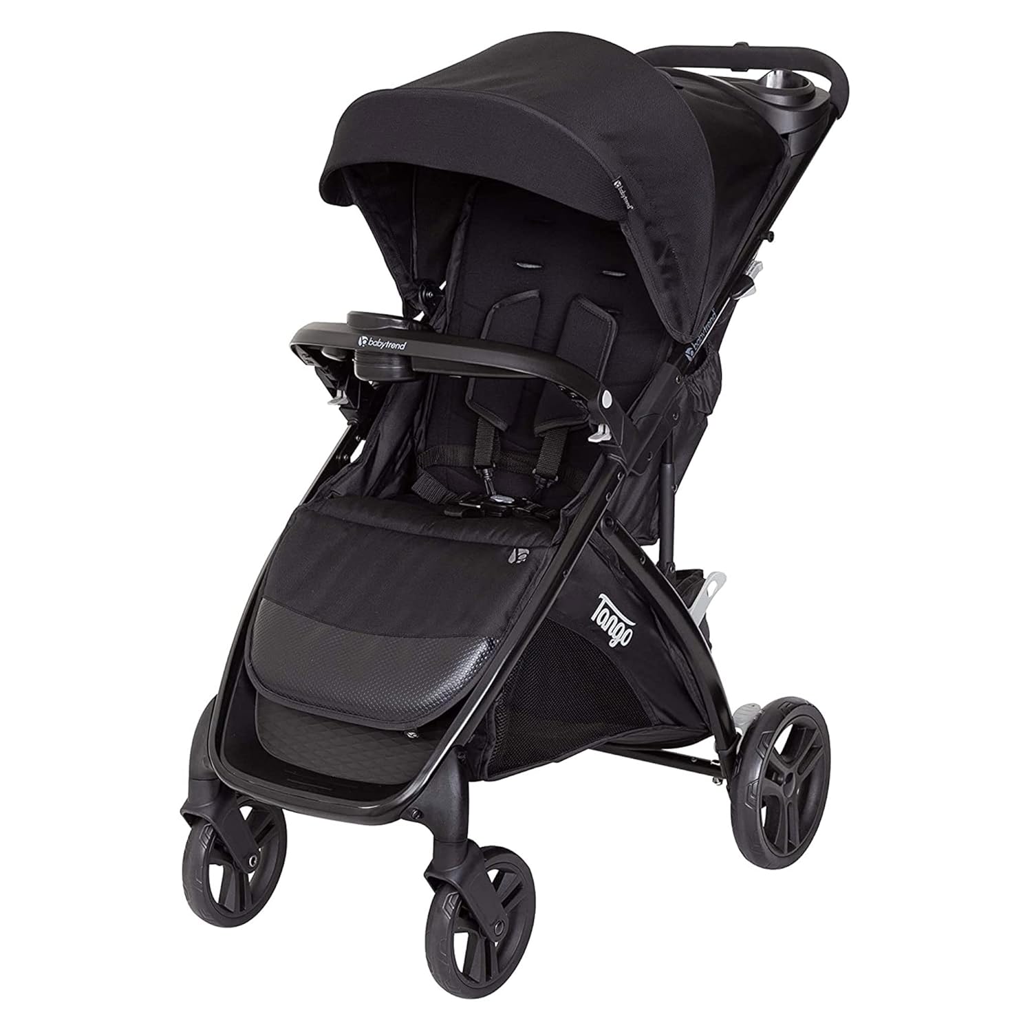 Black baby stroller with canopy and wheels.