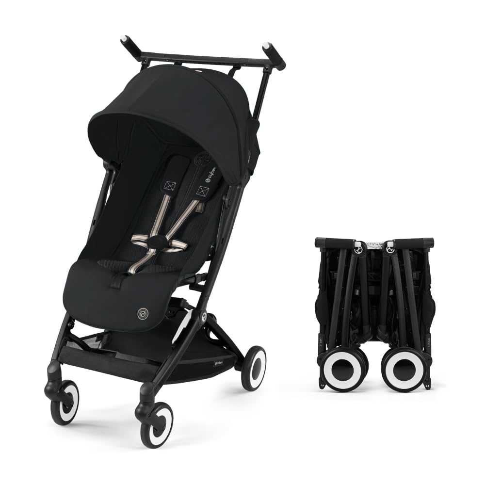Black stroller and its folded version.