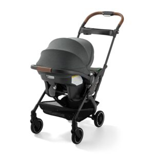 Baby stroller with dark fabric and wheels.