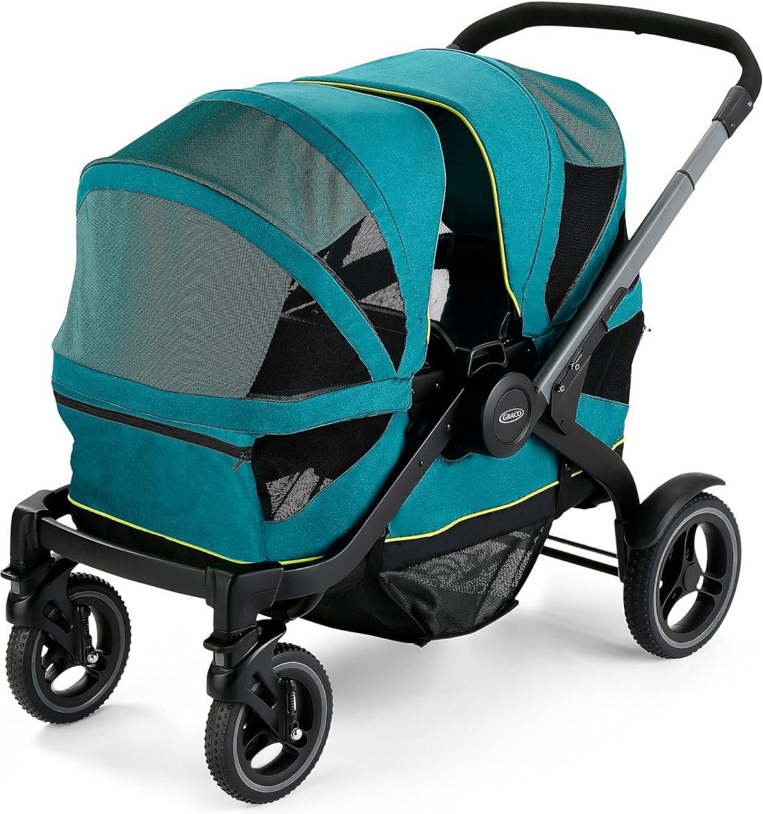 Double stroller in teal with mesh covering.