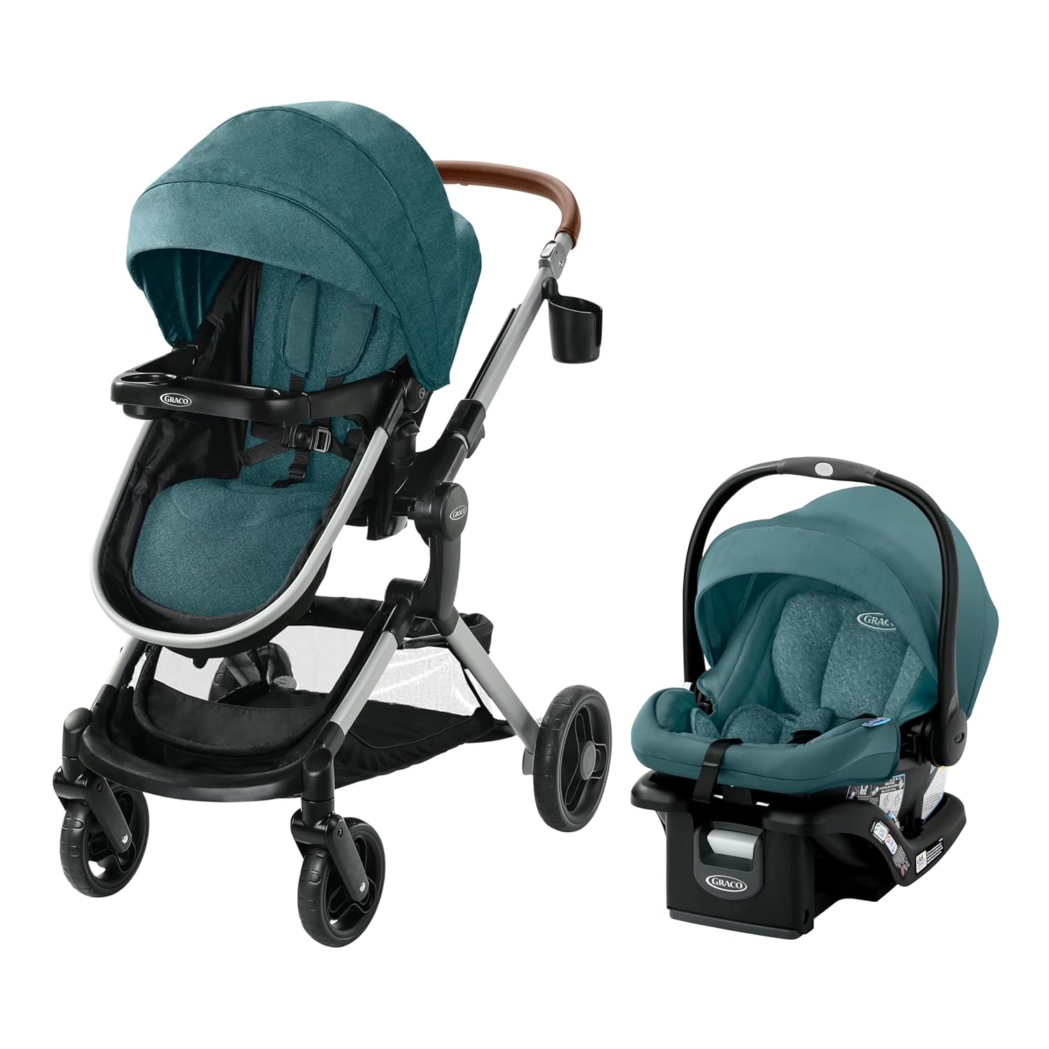 Teal baby stroller and car seat set.