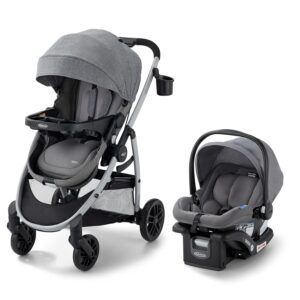 Gray stroller and car seat set.