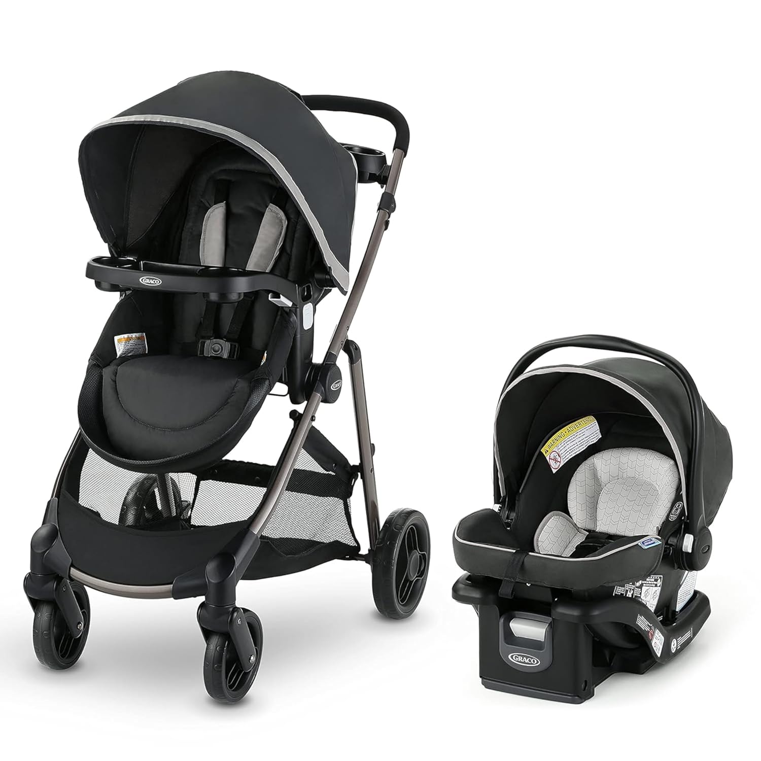 Black stroller and car seat set.