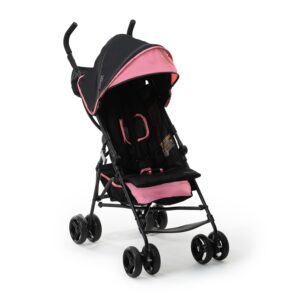 Pink and black lightweight baby stroller.