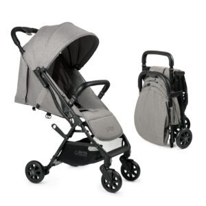 Gray stroller, open and folded views.