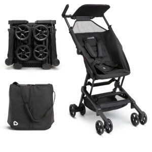 Compact black stroller with carrying bag.