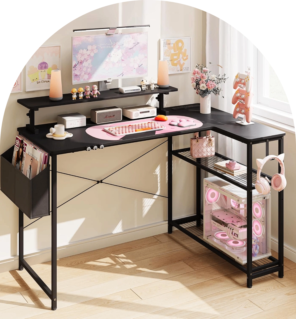 Modern gaming desk with pink accessories setup.