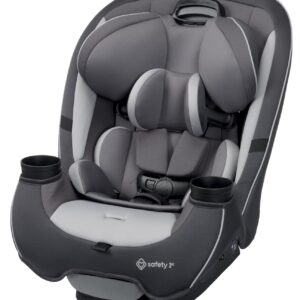 Gray child car seat with cup holders.