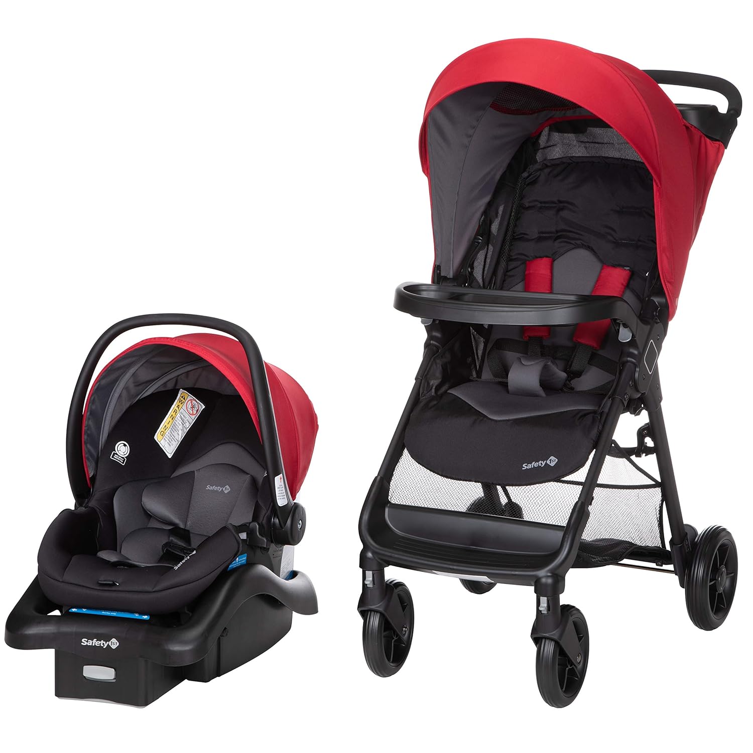 Red stroller and car seat combo set.