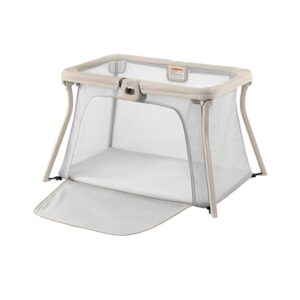 Beige mesh baby playpen with zippered door